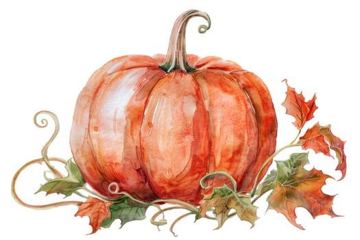 A watercolor painting of a pumpkin with leaves and vines. The pumpkin is the main focus of the painting, and the leaves and vines add a sense of depth and texture to the scene