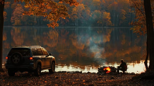 A man sits by a fire with a car parked nearby. The scene is peaceful and serene, with the man enjoying the warmth of the fire and the beauty of the lake