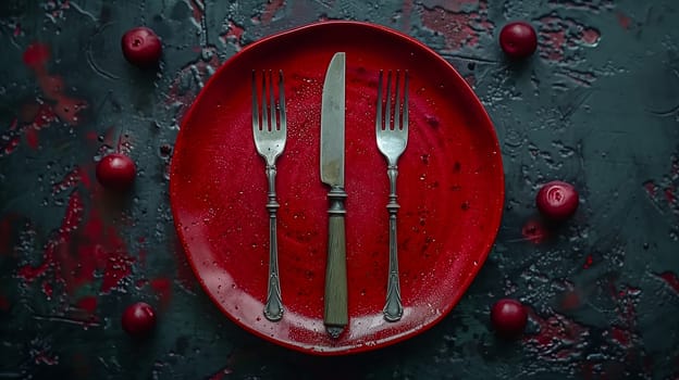 A red plate with a knife and two forks is on a dark, textured surface. The silverware has a vintage aesthetic, and there are small, red cherries scattered around the plate. The image has a minimalist style and is composed in a symmetrical manner.