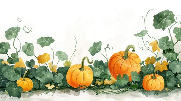 A row of pumpkins with green leaves in the background. The pumpkins are orange and are arranged in a line