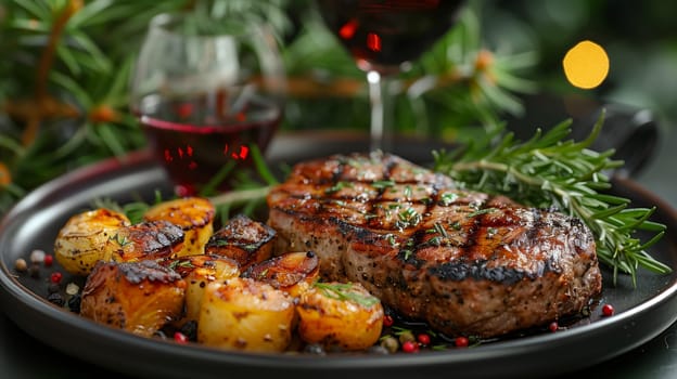 A close-up shot of a grilled steak, roasted potatoes, and rosemary sprigs on a black plate. The steak has visible grill marks and is garnished with herbs. The potatoes are golden brown and seasoned. A glass of red wine is out of focus in the background. The image evokes a sense of warmth and comfort.