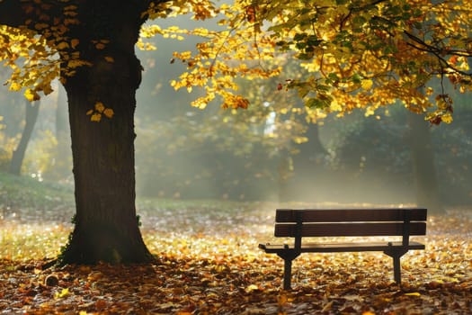 A bench is sitting in a park with a tree in the background. The leaves on the tree are yellow and the bench is empty. The scene is peaceful and serene, with the sun shining through the leaves