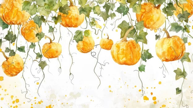 A painting of pumpkins hanging from a vine. The painting is full of bright orange pumpkins and green leaves. The mood of the painting is cheerful and festive