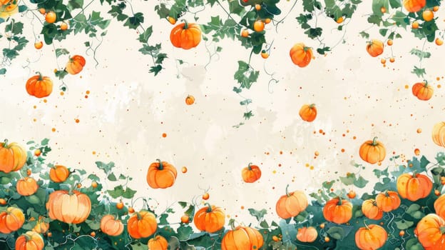 A painting of a field of pumpkins with a white background. The painting is full of orange pumpkins and green vines