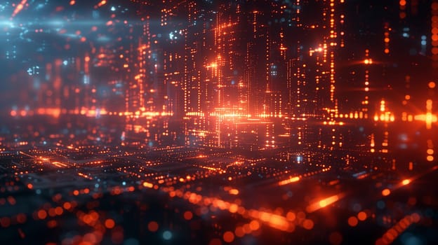 A digital illustration of a futuristic cityscape with glowing orange lights, showcasing a network of interconnected structures. The image evokes a sense of technological advancement and urban development in a digital realm. The perspective is slightly angled, offering a glimpse into the intricate network of lines and points that make up the city.