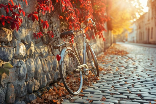 A bicycle is parked on a cobblestone street with leaves on the ground. The bike is leaning against a wall