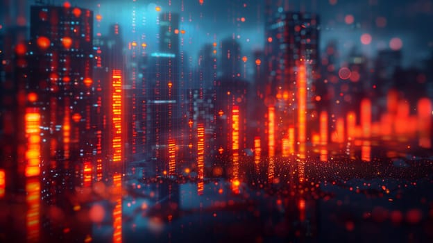 A digital rendering of a futuristic cityscape at night. The buildings are tall and slender, and they are illuminated by red lights. The ground is covered in sparkling particles, and the sky is filled with a blue and red haze. The image evokes a sense of wonder and excitement, and it is perfect for use as a background or wallpaper.