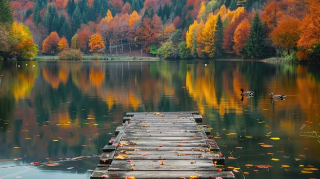 A wooden bridge over a lake with autumn leaves on the ground. The water is calm and the leaves are floating on the surface