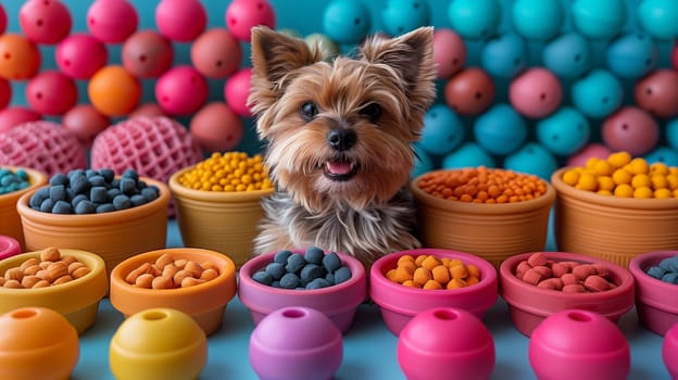 A small Yorkshire Terrier dog sits in front of a colorful backdrop of balls and bowls filled with dog treats. The dog is smiling and looking directly at the camera, surrounded by a variety of bright colors and textures.