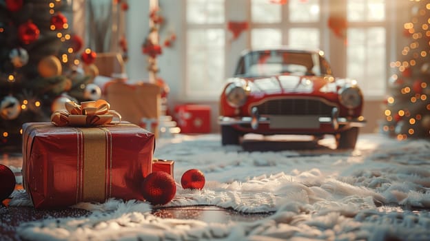 This is a close-up image of a Christmas gift wrapped in red paper with a gold bow. The gift is lying on a white rug, with the blur of a red car in the background. There is a Christmas tree decorated with lights and ornaments on the left, and another Christmas tree with twinkling lights on the right.