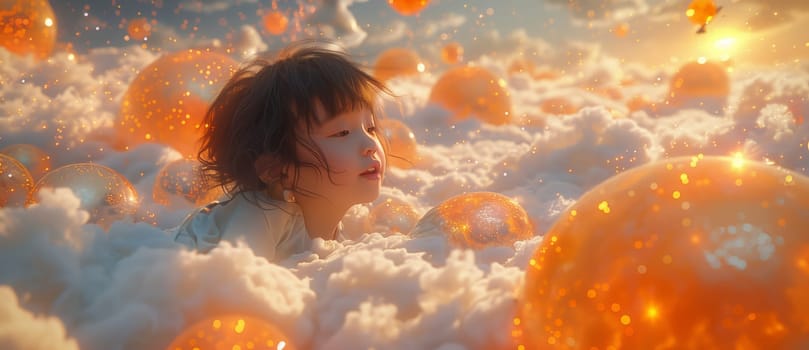 A young girl with dark hair lays on a fluffy white cloud in a field of glowing orange spheres. The clouds and spheres float in a field of fluffy white clouds under a bright, golden sky. The girl is looking up at the sky, seemingly lost in thought.