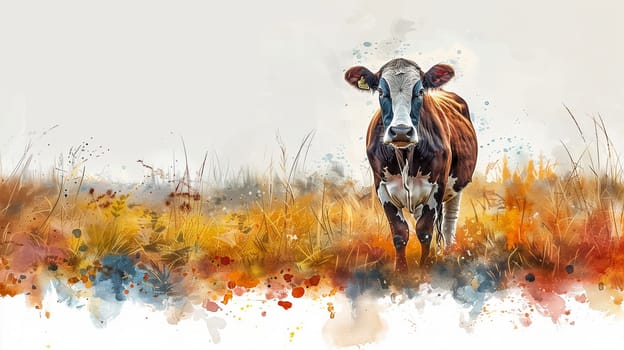 A watercolor painting depicts a single cow standing in a field of tall grass. The cow is brown and white and is looking directly at the viewer. The grass is painted in shades of yellow and orange, and there are scattered watercolor splashes throughout the painting.