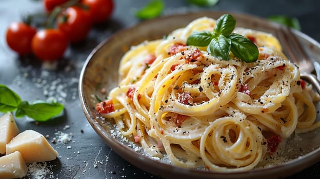A close-up image of a plate of creamy pasta with sun-dried tomatoes and a basil garnish. The pasta is topped with grated parmesan cheese and black pepper. The image is taken from a high angle and shows the texture of the pasta and the vibrant colors of the ingredients.