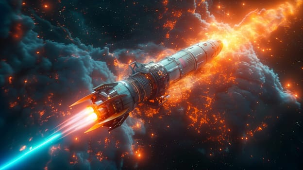 A futuristic spaceship, with a sleek design and intricate details, bursts through a cloud of fiery cosmic debris. Its powerful engines emit a vibrant blue and orange glow, propelling it forward with immense force. The ships journey through the cosmos is a testament to humanitys drive for exploration and discovery.
