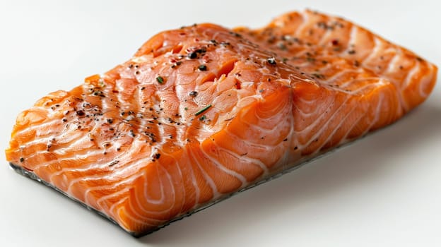 A close-up shot of a single, fresh salmon fillet, skin-side down, showcasing its orange-pink flesh. The fillet is seasoned with black pepper and a sprig of rosemary. It rests on a white background, likely a plate or cutting board, ready for serving.