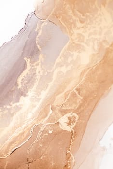 A close-up image showcasing the intricate details of a liquid abstract painting with swirling, ethereal, gold and beige hues.