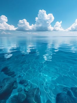 This image showcases a serene and tranquil scene of a calm ocean surface under a clear blue sky with white clouds. The reflection of the clouds in the water creates a mirror-like effect, adding to the overall sense of peace and serenity.