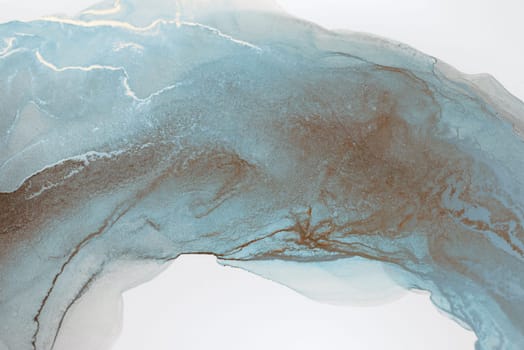 A close-up of a blue and brown ink swirl on a white background, creating a mesmerizing abstract design.