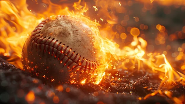 A baseball engulfed in flames sits on a field, surrounded by burning embers and smoke. The intensity of the fire highlights the passion and intensity of the game.