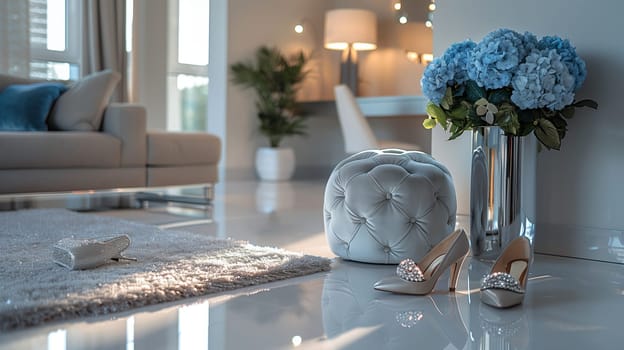 This image showcases a modern living room with a tufted ottoman, blue hydrangeas in a silver vase, and a pair of stylish high-heeled shoes adorned with rhinestones. The room has a bright, airy feel with natural light streaming in through large windows. The soft, plush furnishings and elegant decorations create a sophisticated ambiance.