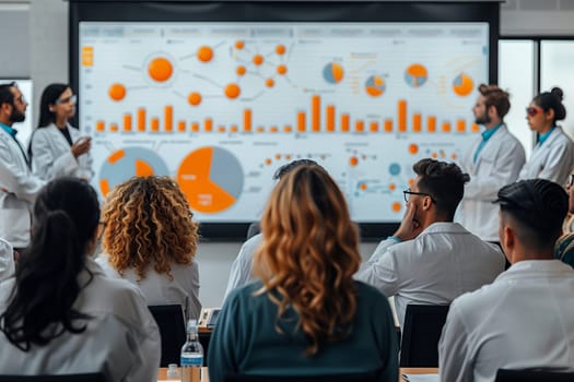 A group of medical professionals are gathered in a meeting, listening intently as one of their colleagues presents data analysis on a projector screen. The slides contain various graphs and charts, highlighting key findings and insights. The audience is engaged and attentive, demonstrating their focus on the information being shared.