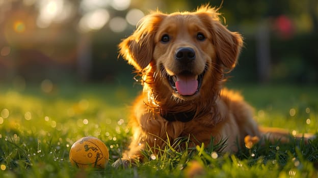 This image shows a golden retriever dog lying on green grass with a bright yellow ball nearby. The dog is facing the camera with its tongue out and a happy expression. The sun is setting in the background, creating a warm glow on the dog and the grass.