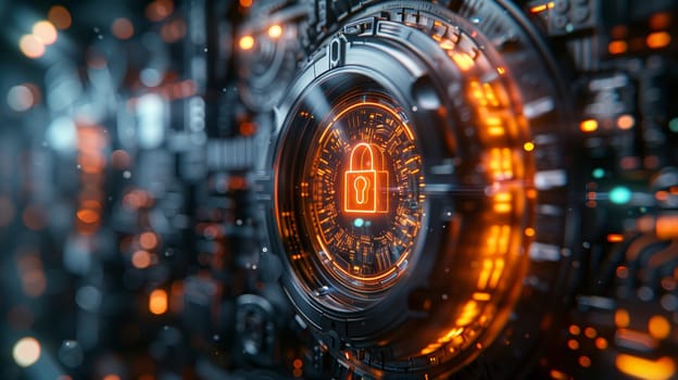 A close-up image of a digital lock symbol glowing in orange, surrounded by circuit board-like patterns and lights. The image appears to be a representation of data security and protection, suggesting a futuristic concept.