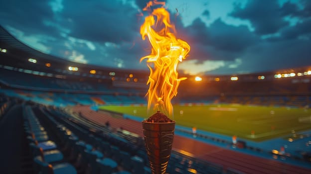 A close-up shot of a torch burning brightly with a vibrant flame, positioned in the foreground. The image is taken at dusk, with the stadium in the background, showcasing empty bleachers and a blurred view of the field. The overall ambiance of the image is celebratory, hinting at the conclusion of a major sporting event.