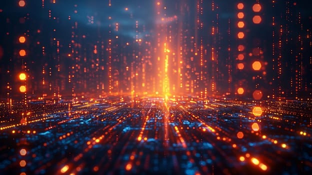A digitally rendered image of an abstract cityscape with glowing orange and blue lights. The lights are arranged in a grid-like pattern and create a sense of depth and movement. The image has a futuristic feel and could be used as a background for a website, presentation, or video.