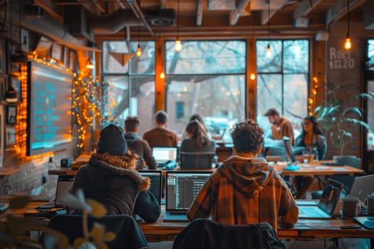 A group of people are working on their laptops in a modern cafe. The cafe has large windows, wooden floors, and exposed brick walls. The people are sitting at tables and working on their computers. There is a large screen in the background showing some sort of code. The cafe is filled with natural light coming from the windows.