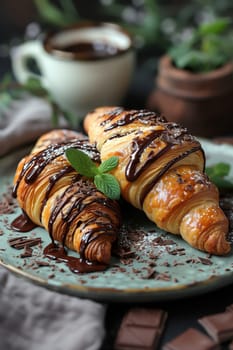 A close-up photograph showcasing two freshly baked croissants drizzled with rich chocolate and adorned with a sprig of mint. The croissants are resting on a blue plate, surrounded by chocolate shavings, and a cup of hot chocolate is visible in the background. The image captures the irresistible appeal of a decadent chocolate-filled breakfast treat.