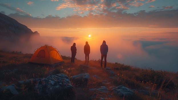 Three friends stand in silhouette against a breathtaking sunrise, their backs to the camera as they gaze out over a misty mountaintop. A single tent sits in the foreground, suggesting they have spent the night under the stars and are now enjoying the first light of day. The colors of the sky are vibrant, capturing the beauty of the natural world at its most captivating.