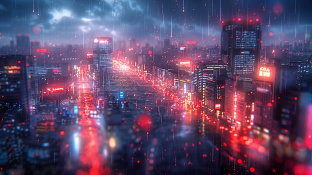 The image shows a nighttime cityscape with rain falling and neon lights illuminating the streets. The city is bustling with activity, and the rain adds a sense of mystery and intrigue. The buildings are tall and imposing, and the lights create a sense of depth and perspective. The image is a beautiful and evocative representation of urban life.