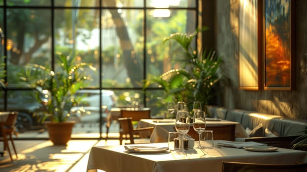 A photo of a restaurant interior with a table set for dinner. The table is covered with a white tablecloth and has two place settings, wine glasses, and a plate. The setting is near a large window, and the sunlight streams in, illuminating the table. In the background, you can see a lush green view and a second table with a similar setting.