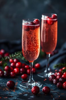 Two champagne flutes filled with sparkling cranberry juice, garnished with fresh cranberries, sit on a dark blue surface with scattered cranberries around them. The glasses have tall, thin stems and are partially filled with the pink, bubbly beverage.