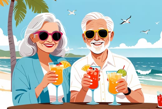 A cartoon illustration of a senior couple enjoying cocktails at a beachside bar. They are both smiling and appear to be relaxed and happy - Generative AI