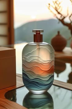 A glass perfume bottle with a wave design sits on a wooden table near a window. The bottle is filled with a clear liquid and has a silver cap. The background is blurred and shows a window with a view of a green landscape.