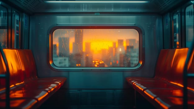 A view from inside a train car with two empty seats facing a large window. The window shows a city skyline with a vibrant orange sunset and rain-streaked glass.