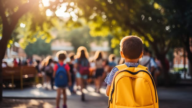 A young boy with a yellow backpack stands amidst a crowd of students on a sunlit school campus, signaling the start of a busy academic day - back to school concept - Generative AI