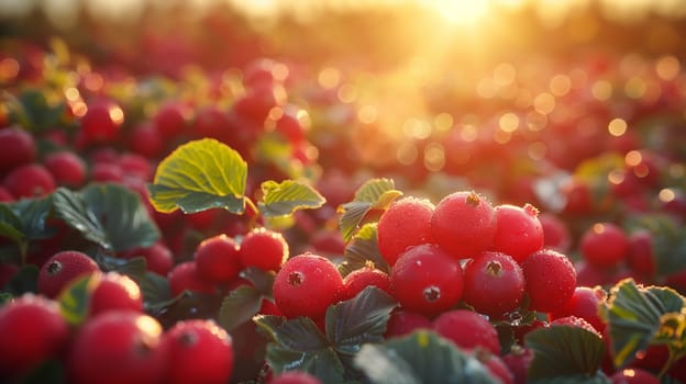 A close-up view of ripe red berries nestled amongst green leaves on a sunny morning. The berries are illuminated by the warm glow of the rising sun, creating a beautiful and vibrant image.