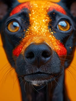 This image shows a close-up of a black dogs face. The dog has bright orange glitter on the top of its head and orange and red stripes on its face. Its eyes are wide open and staring directly at the camera. The dogs nose is wet and black, and its whiskers are visible. The background is a blur of yellow.