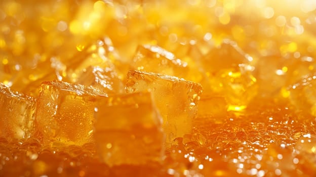 A close-up photograph of a honeycomb, showcasing its intricate structure and golden color. The honeycomb is illuminated by warm lighting, highlighting its glistening texture. The image captures the beauty and natural detail of this bee-made marvel.