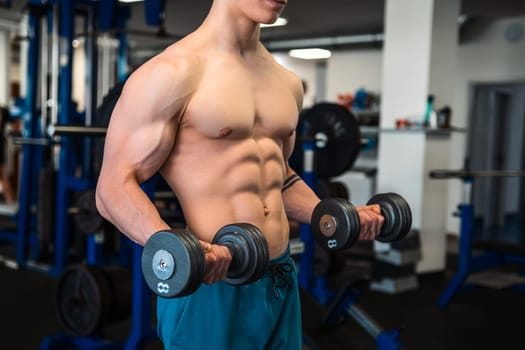 Close up lifting dumbbells in a gym. Professional bodybuilder training biceps in the gym.