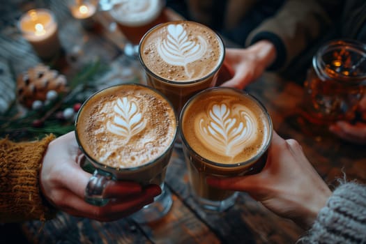 Three friends are seen holding their warm coffee drinks, all featuring intricate latte art in the shape of a leaf. The image is captured from an overhead angle, highlighting the cozy setting with a wooden table and rustic decor.