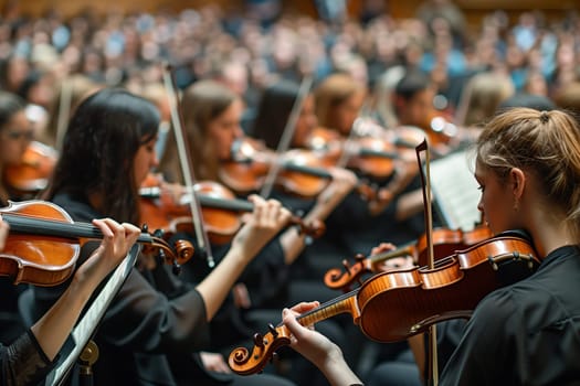 This image shows several violinists playing in a concert hall, with the audience blurred in the background. The violinists are dressed in black, and their instruments are held up in the air as they play.
