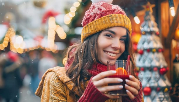 In a bustling city market, a joyful woman is seen savoring a glass of mulled wine at a vibrant festive gathering