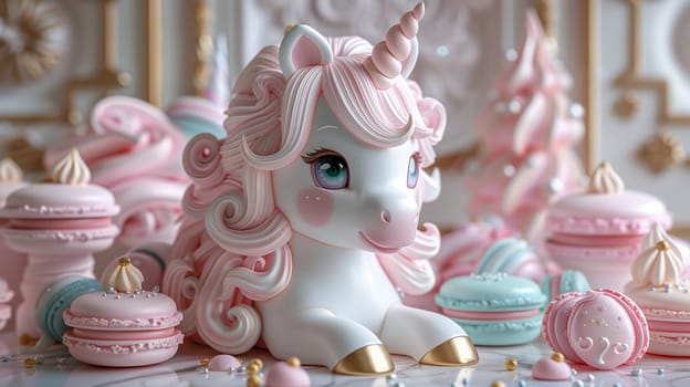 A whimsical pink unicorn figurine with a curled horn sits amidst a collection of pastel-colored macarons and other decorative treats. The scene evokes a sense of playful elegance and sweet indulgence.