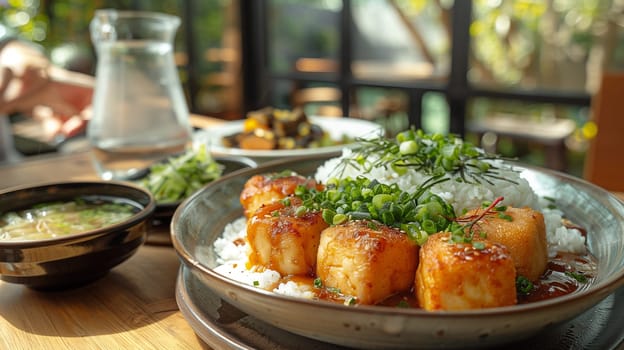 A close-up shot of a plate of tofu and rice, topped with green onions and a savory sauce. The plate is set on a table in a restaurant with other dishes visible in the background.