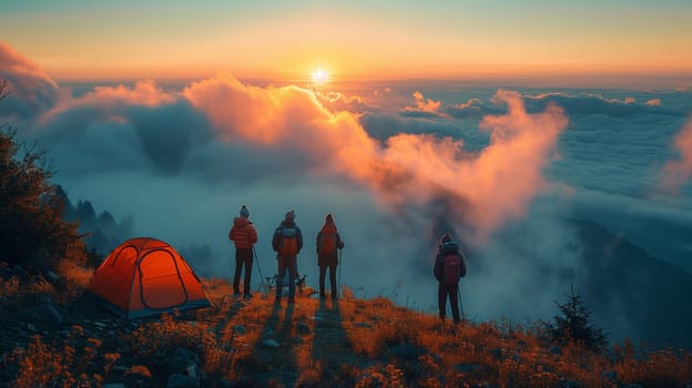 Four hikers stand on a mountain peak, admiring the sunrise over a sea of fog. The sun casts a warm glow on the clouds below, creating a breathtaking scene. A red tent sits in the foreground, suggesting the hikers have spent the night on the mountain.