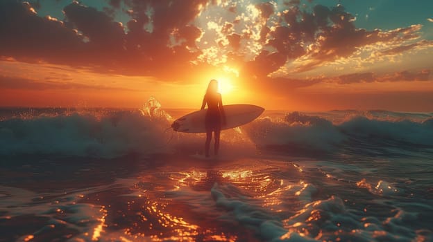 A woman stands in the ocean holding a surfboard with her back turned to the camera. The ocean is in the foreground and the sunset is behind her. The sky is a beautiful orange and pink with clouds.